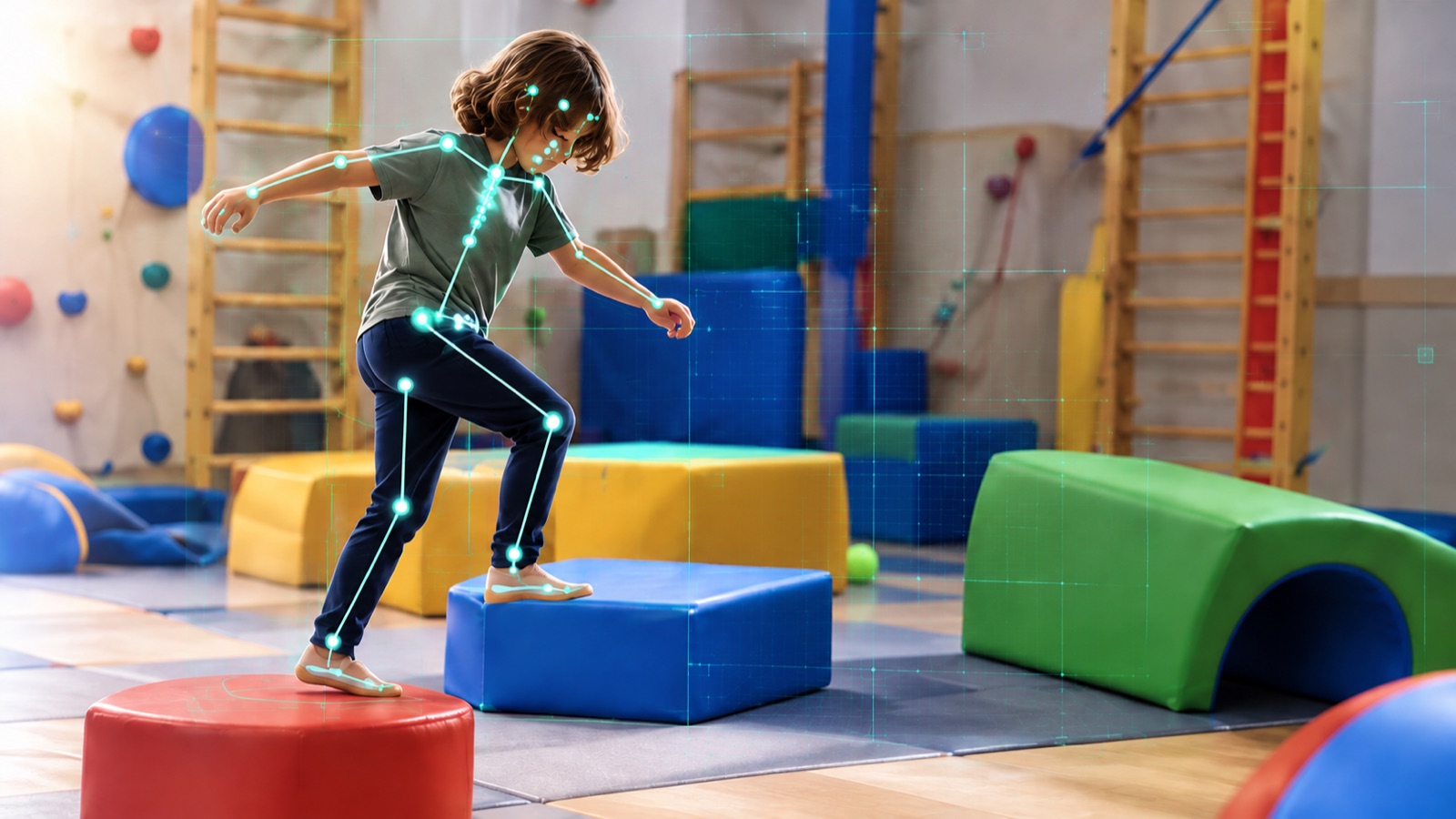 Child moving between soft blocks during a sensory integration session, with pose-tracking skeleton overlaid